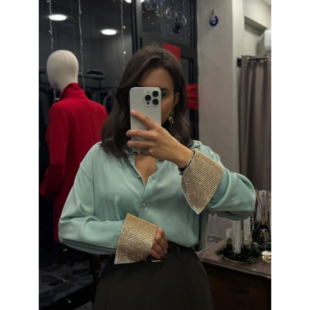 Kolu Taşlı Saten Kadın Gömlek - Mint Yeşili