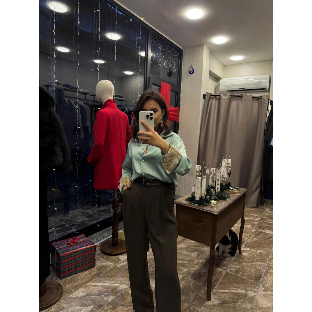 Kolu Taşlı Saten Kadın Gömlek - Mint Yeşili