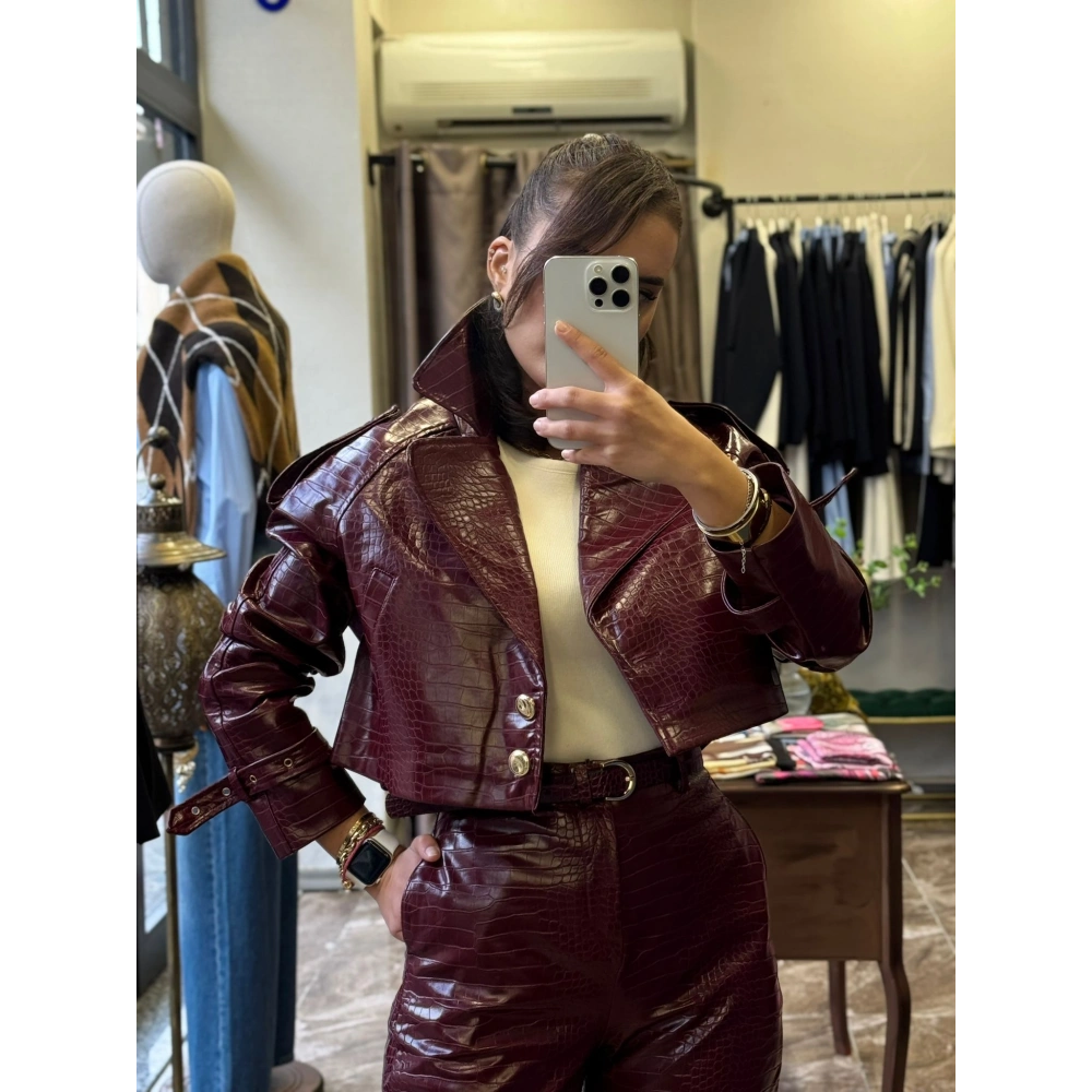 Kroko Desenli Crop Deri Ceket Mürdüm