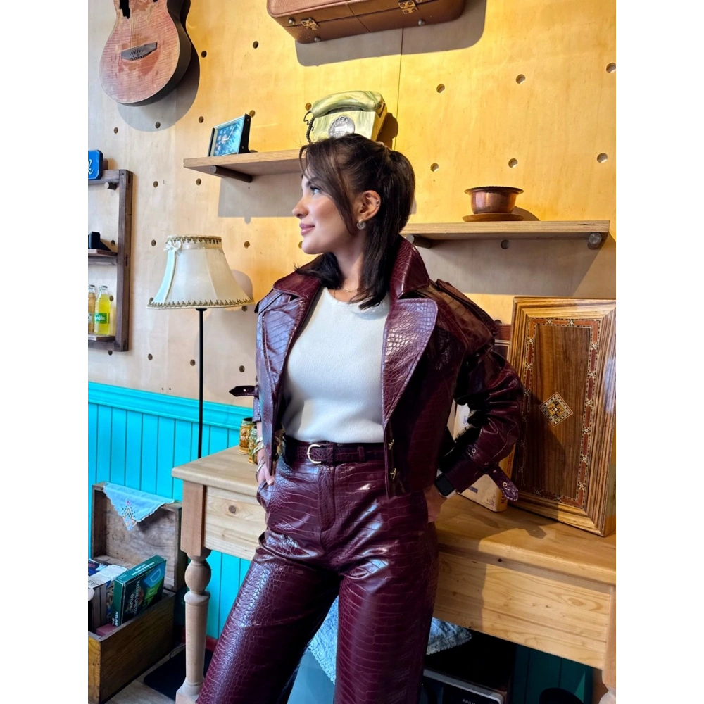 Kroko Desenli Crop Deri Ceket Mürdüm