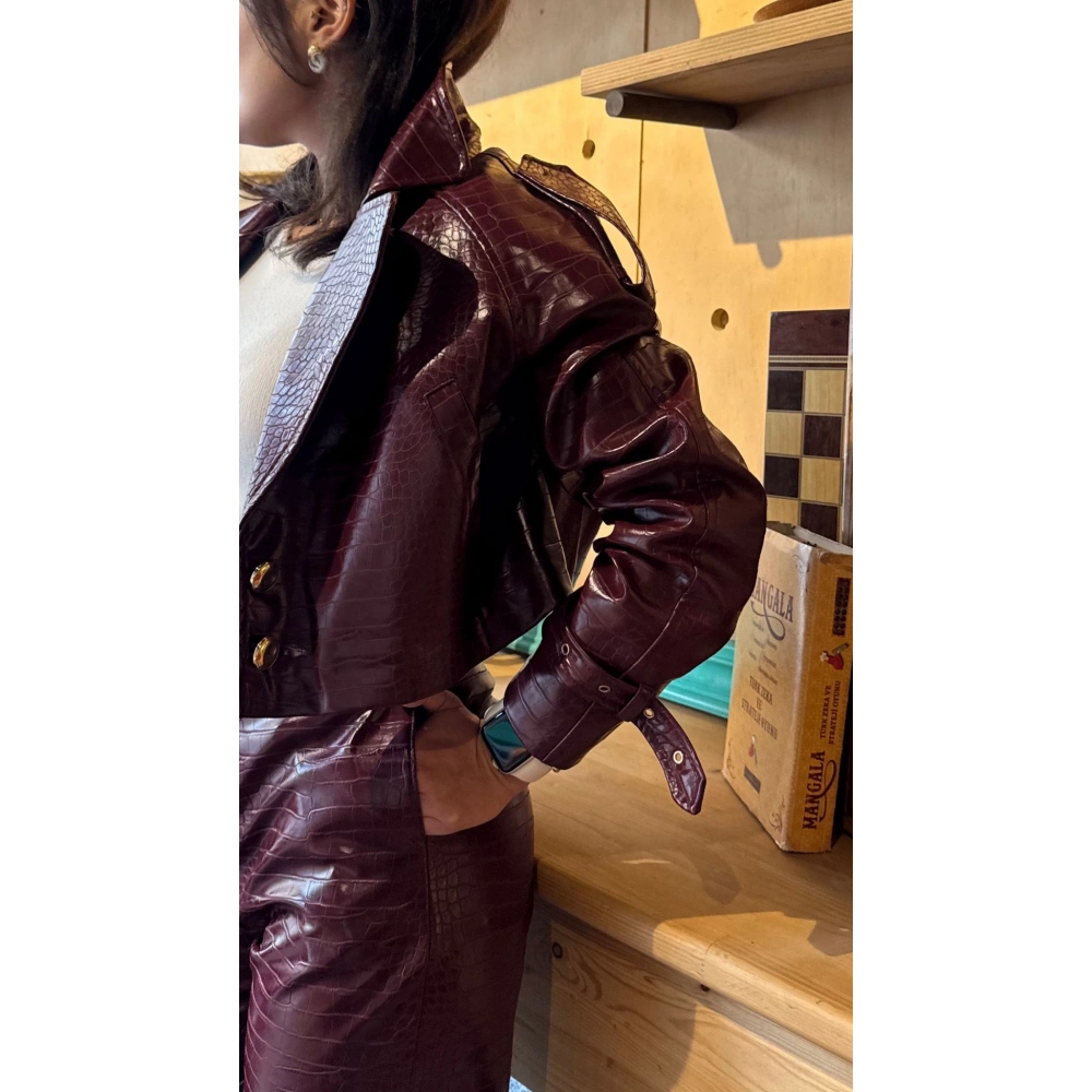 Kroko Desenli Crop Deri Ceket Mürdüm