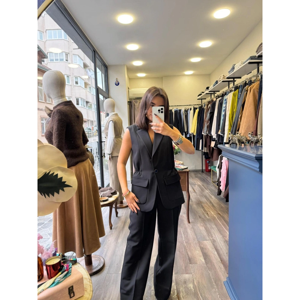 Pamuklu Kumaş Cep Detaylı Yelek/Pantolon Alt Üst Takım - Siyah