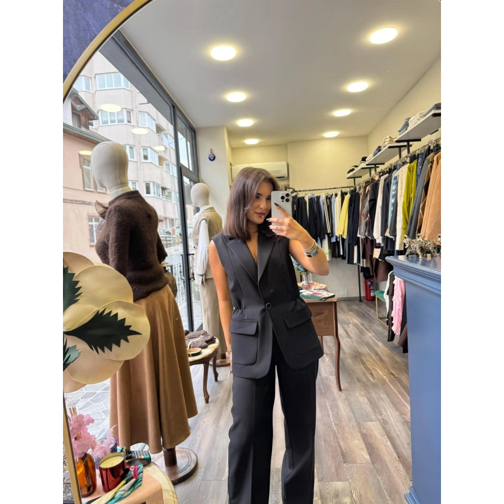 Pamuklu Kumaş Cep Detaylı Yelek/Pantolon Alt Üst Takım - Siyah