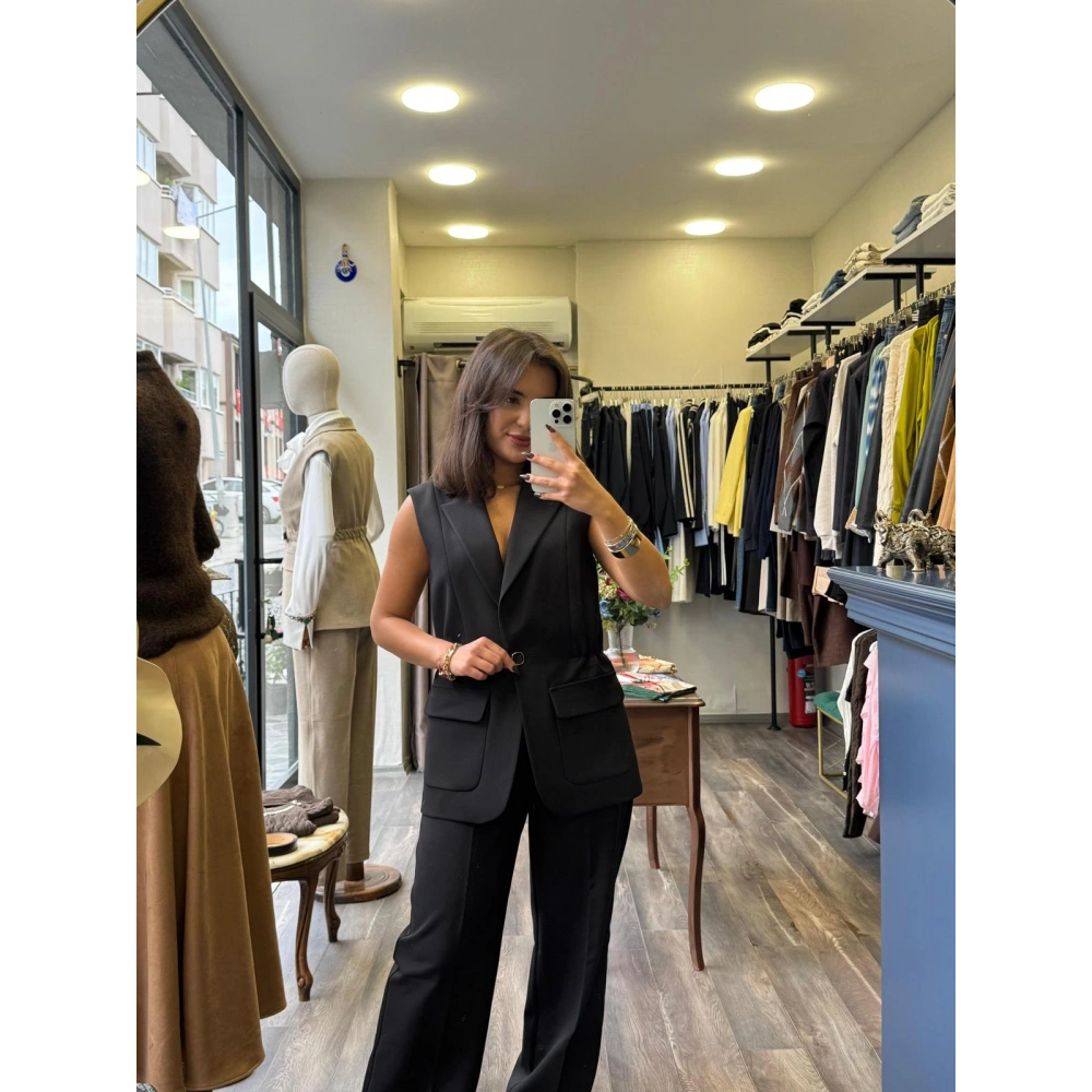 Pamuklu Kumaş Cep Detaylı Yelek/Pantolon Alt Üst Takım - Siyah