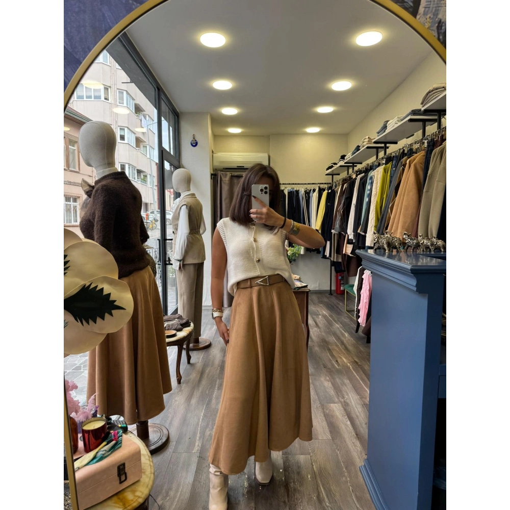 Süet Kumaş Kendinden Kemerli Kadın Uzun Etek - Taba