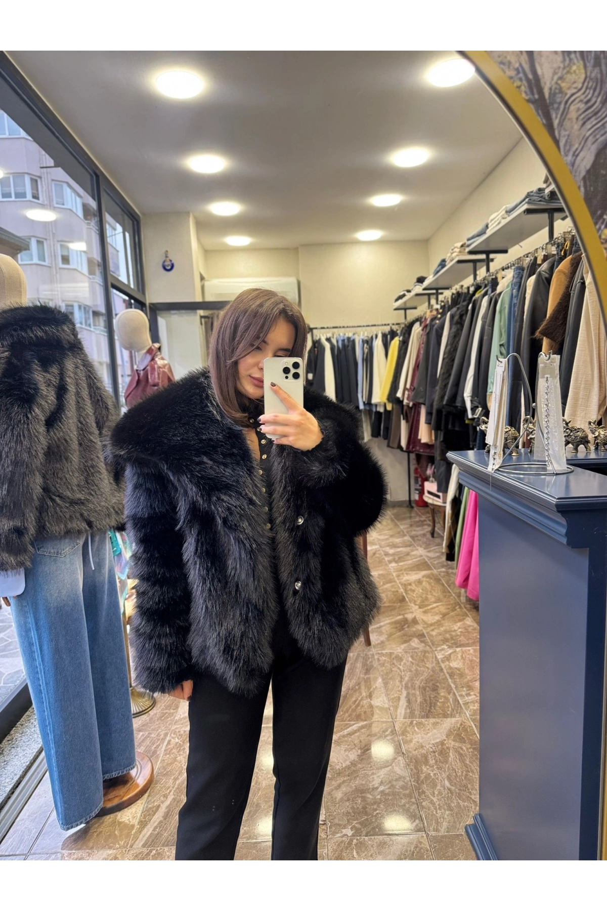 Peluş Yaka Kürk - Siyah