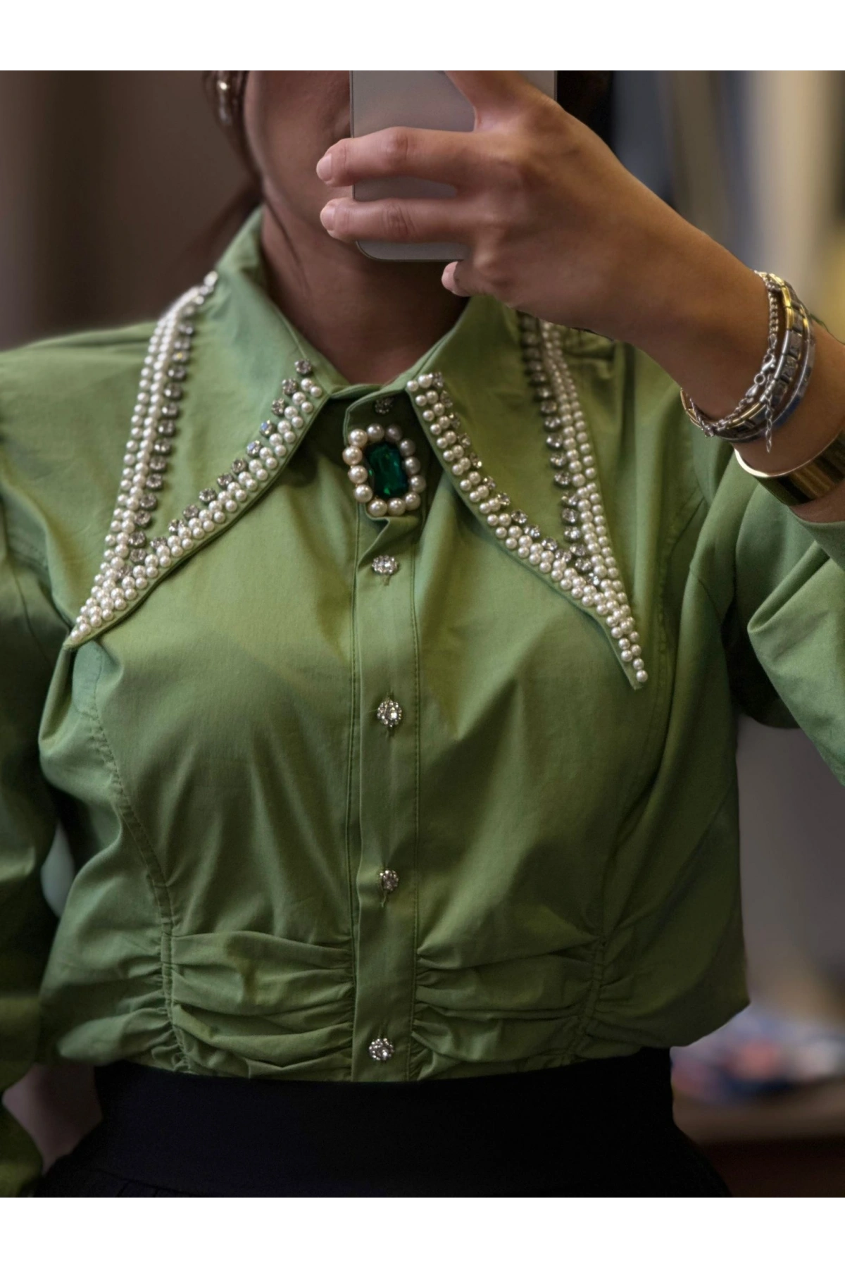 Özel Tasarım Taşlı Kadın Gömlek - Yeşil