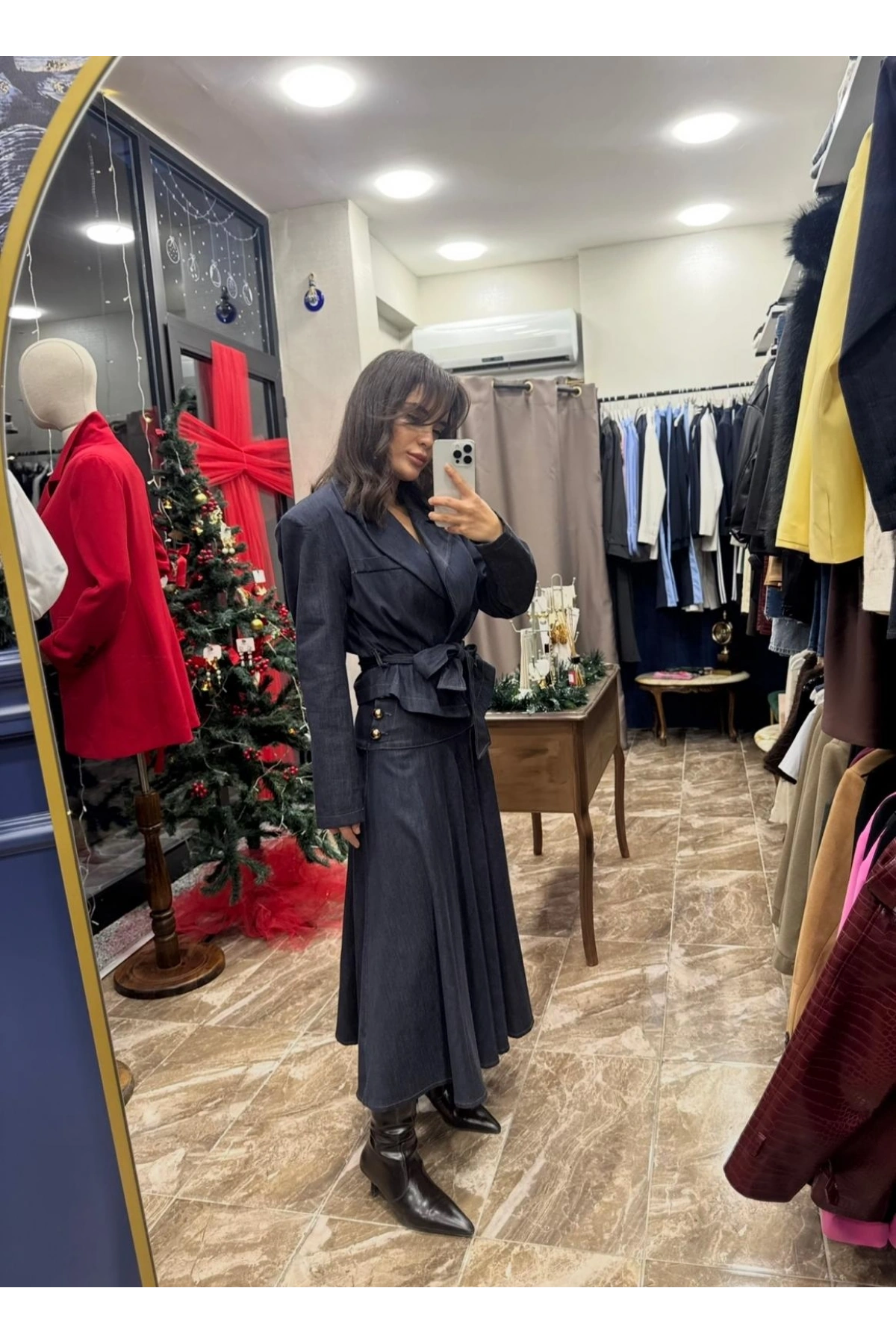 Gold Aksesuar Detay Fermuarlı Midi Kot Etek