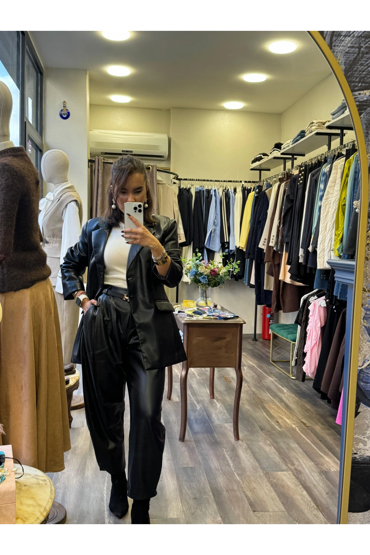 Deri Yüksek Bel Şalvar Pantolon - Siyah