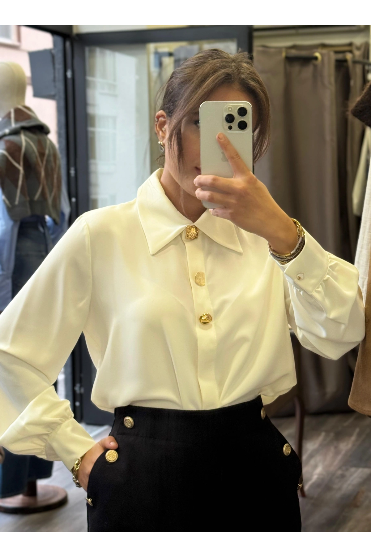 Gold Düğme Detay Viskon Kumaş Gömlek