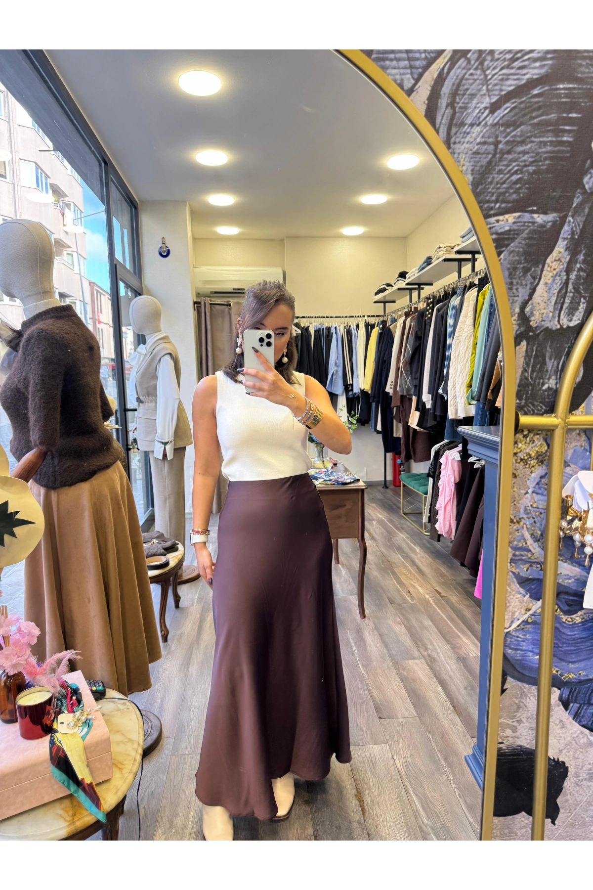 Saten Fermuarlı Maxi Boy Etek - Kahverengi