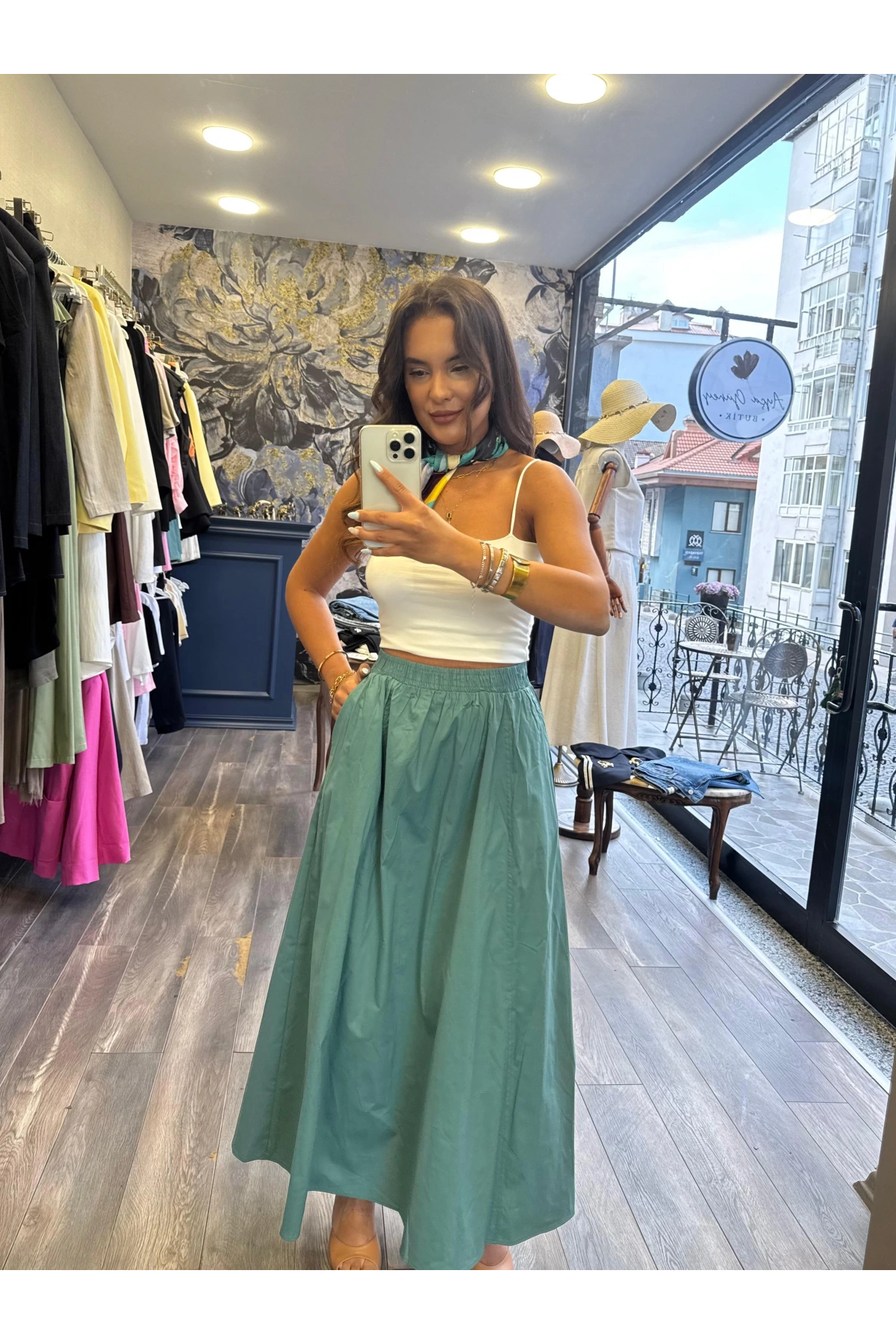 Beli Lastikli Cepli Pamuklu Kumaş Etek - Mint Yeşil