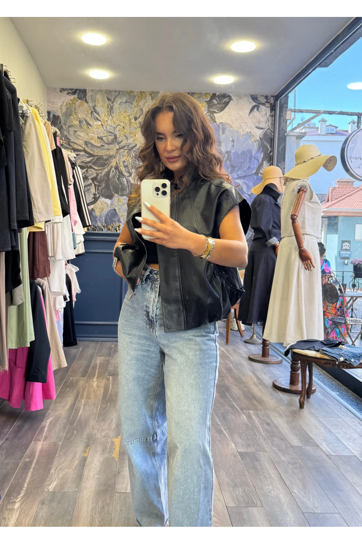 Fermuarlı Deri Yelek - Siyah