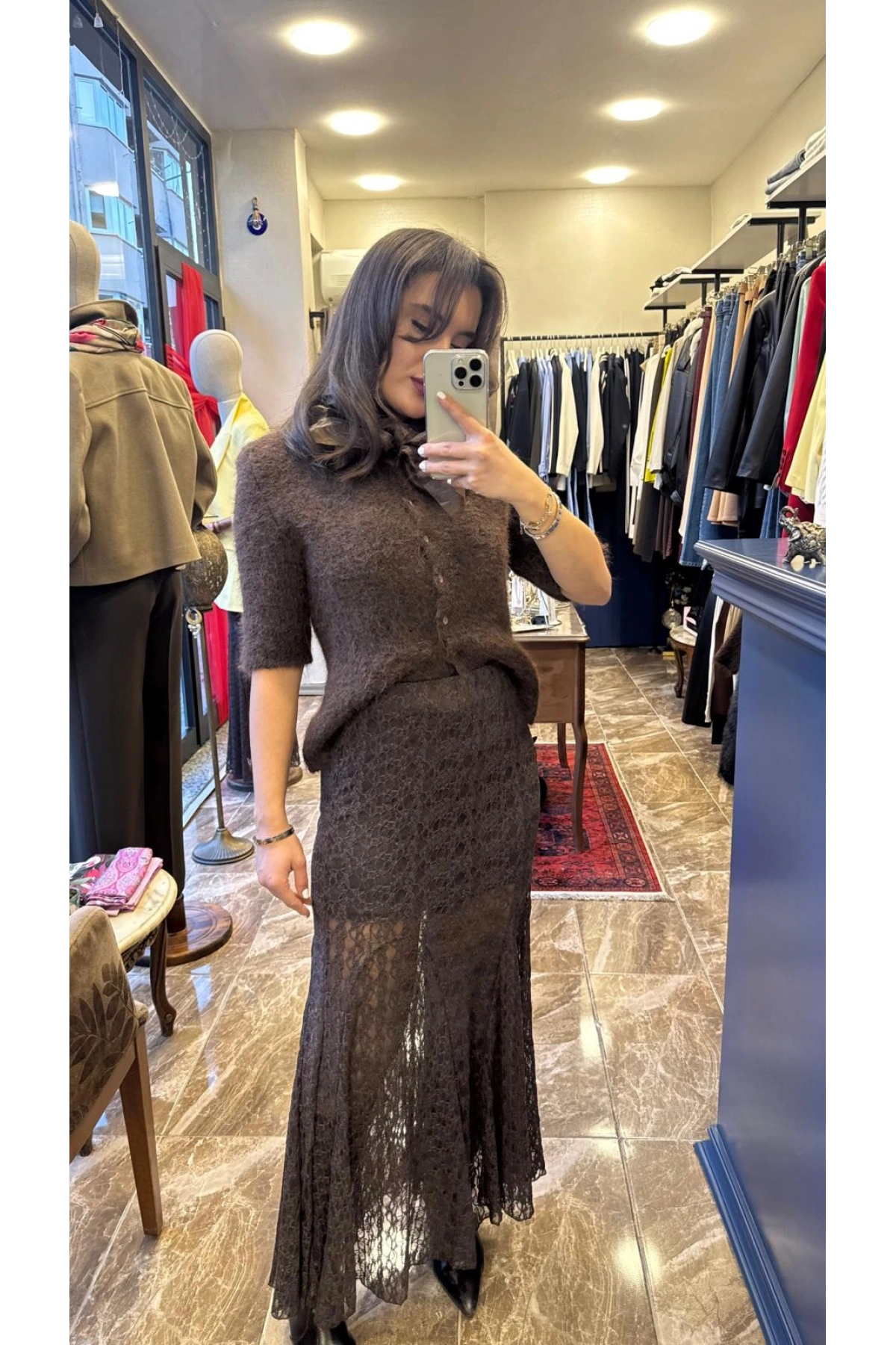 İçi Astarlı Beli Lastikli Dantel Etek - Kahverengi