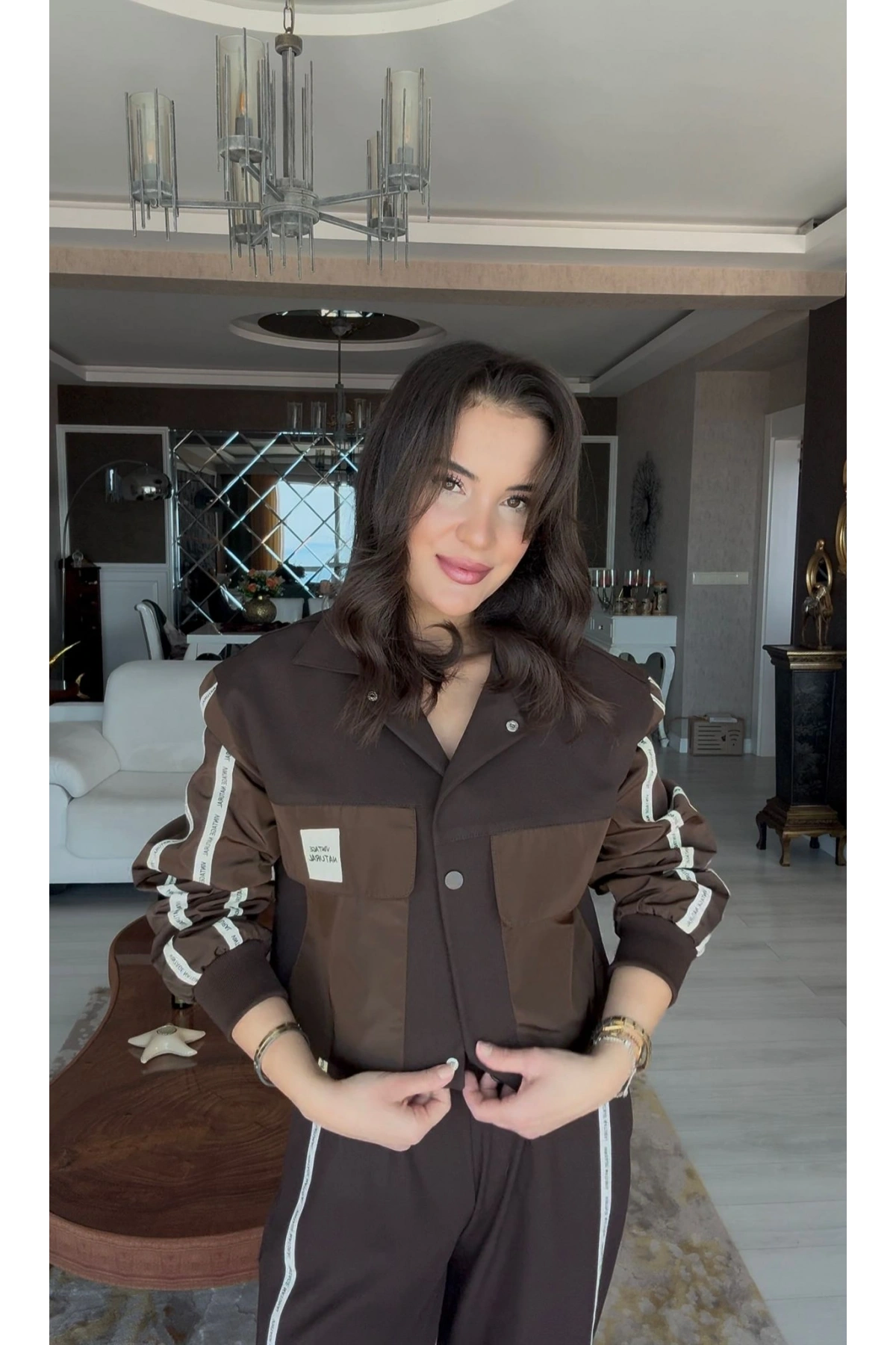 Paraşüt Kol Detay Garnili Ceket - Kahve