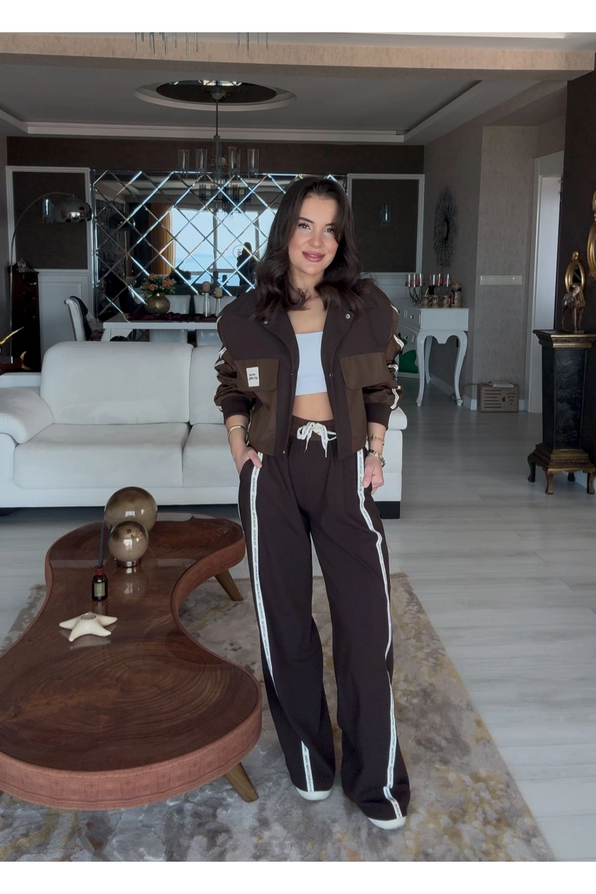 Beli Lastikli Bağlamalı Garnili Pantolon - Kahve