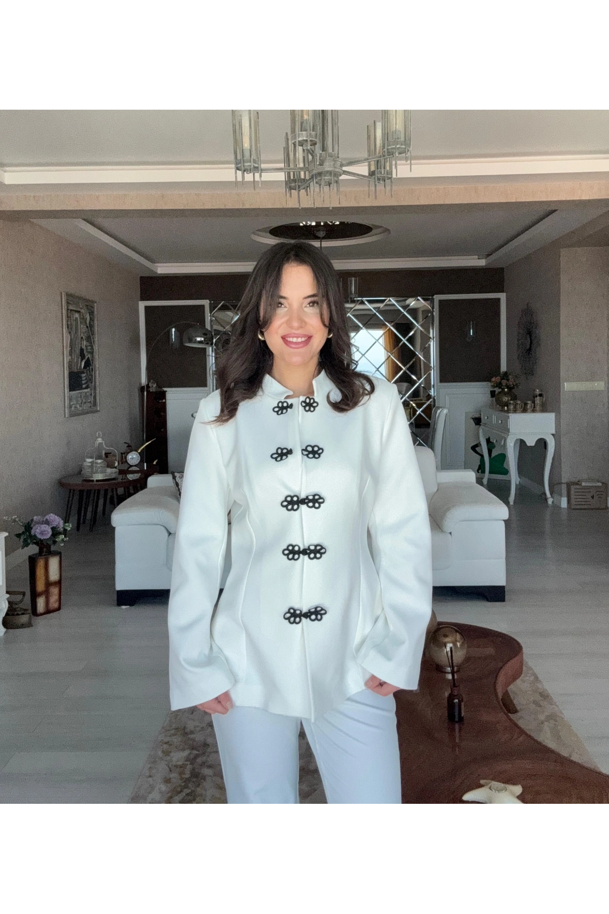 Flora Düğme Detaylı Napolyon Ceket Pantolon Takım - Beyaz