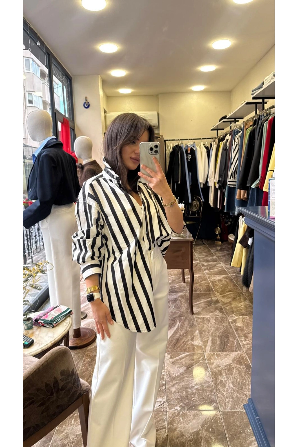 Oversize Çizgili Poplin Gömlek - Siyah Beyaz