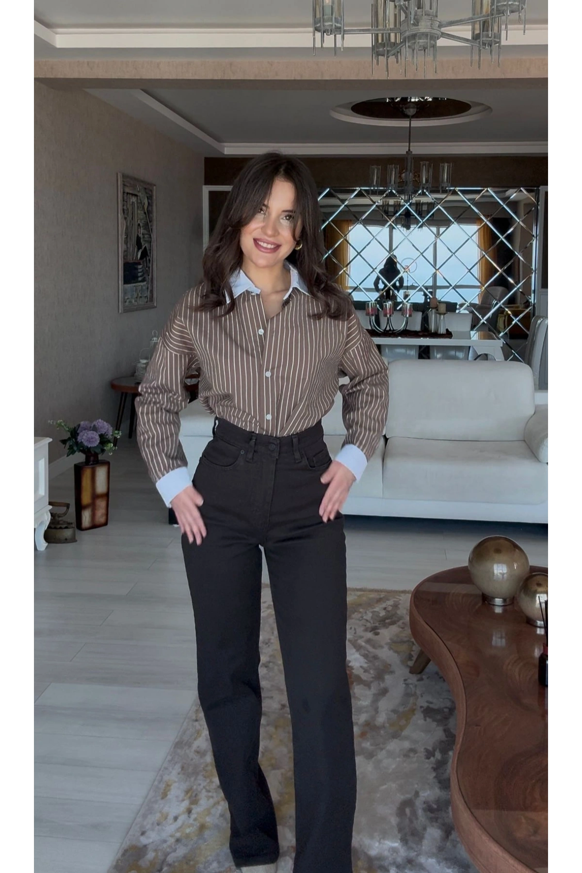 Likralı Yüksek Bel Boru Paça Pantolon - Kahve