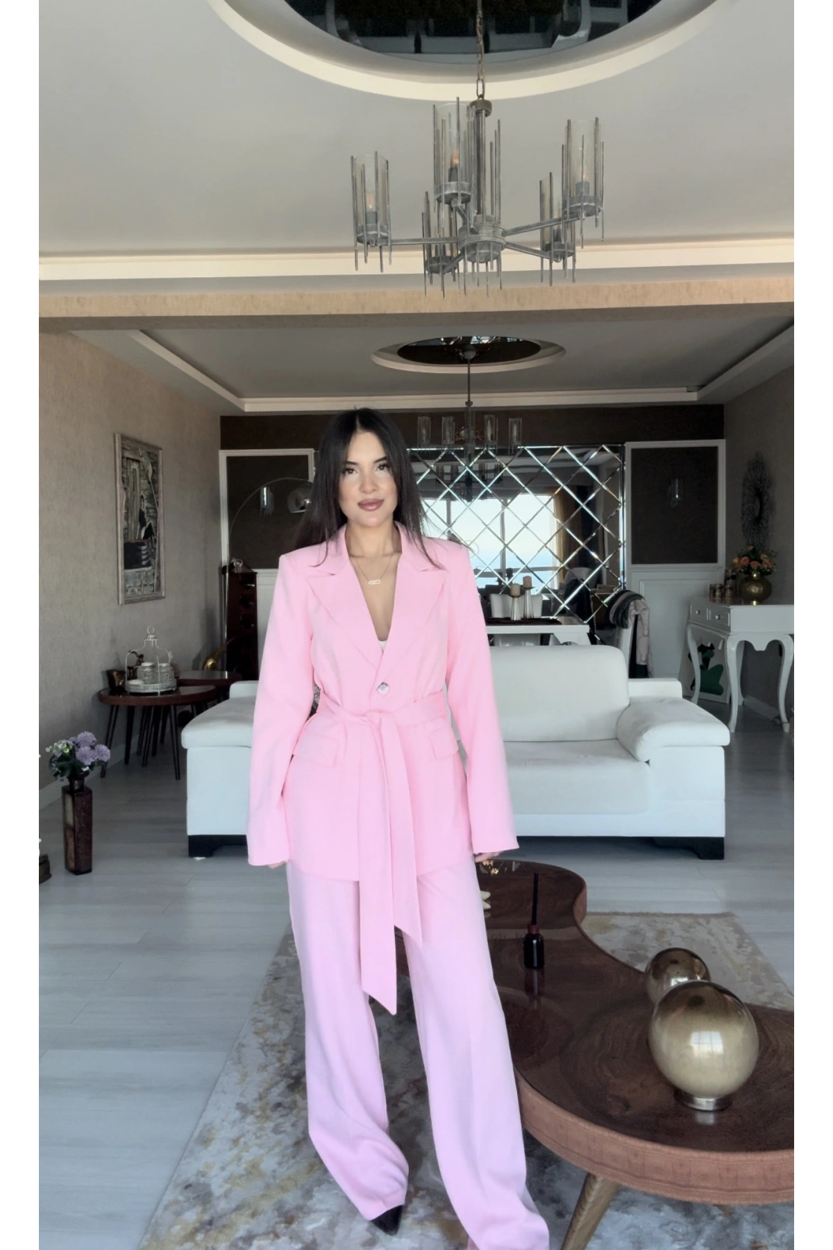 Beli Kuşaklı Ceket Pantolon Takım - Pembe