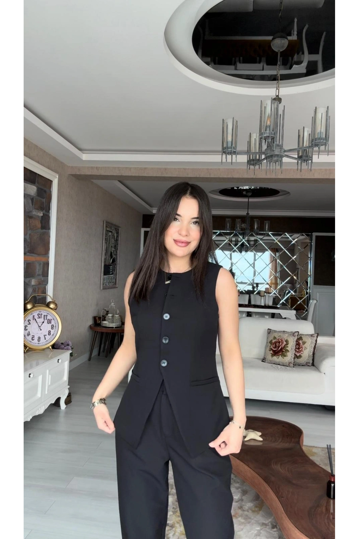 Astarlı Yelek Beli Lastikli Pantolon Alt Üst Takım - Siyah