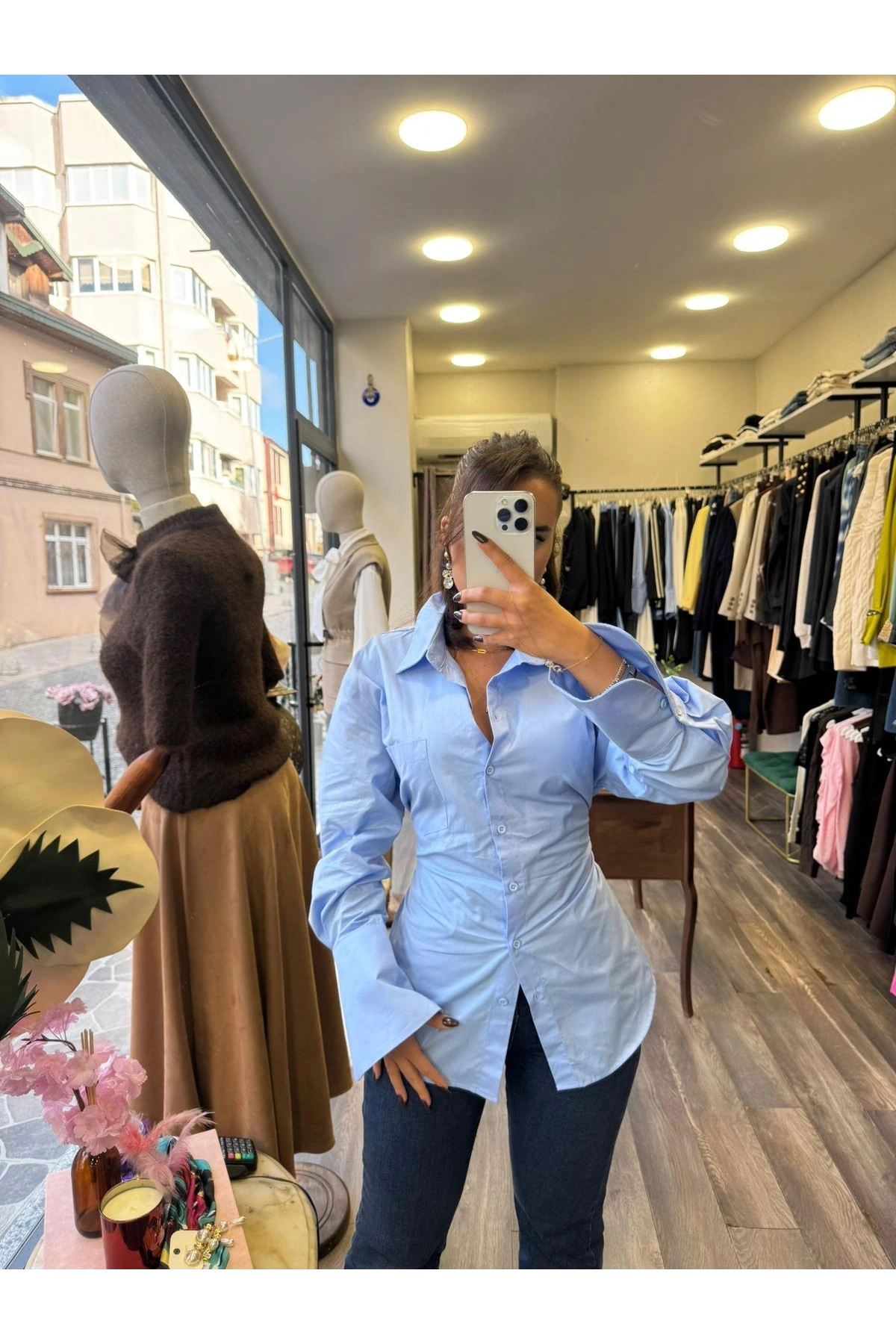 Bel Bağlama Detaylı Viskon Pamuk Kadın Gömlek - Açık Mavi