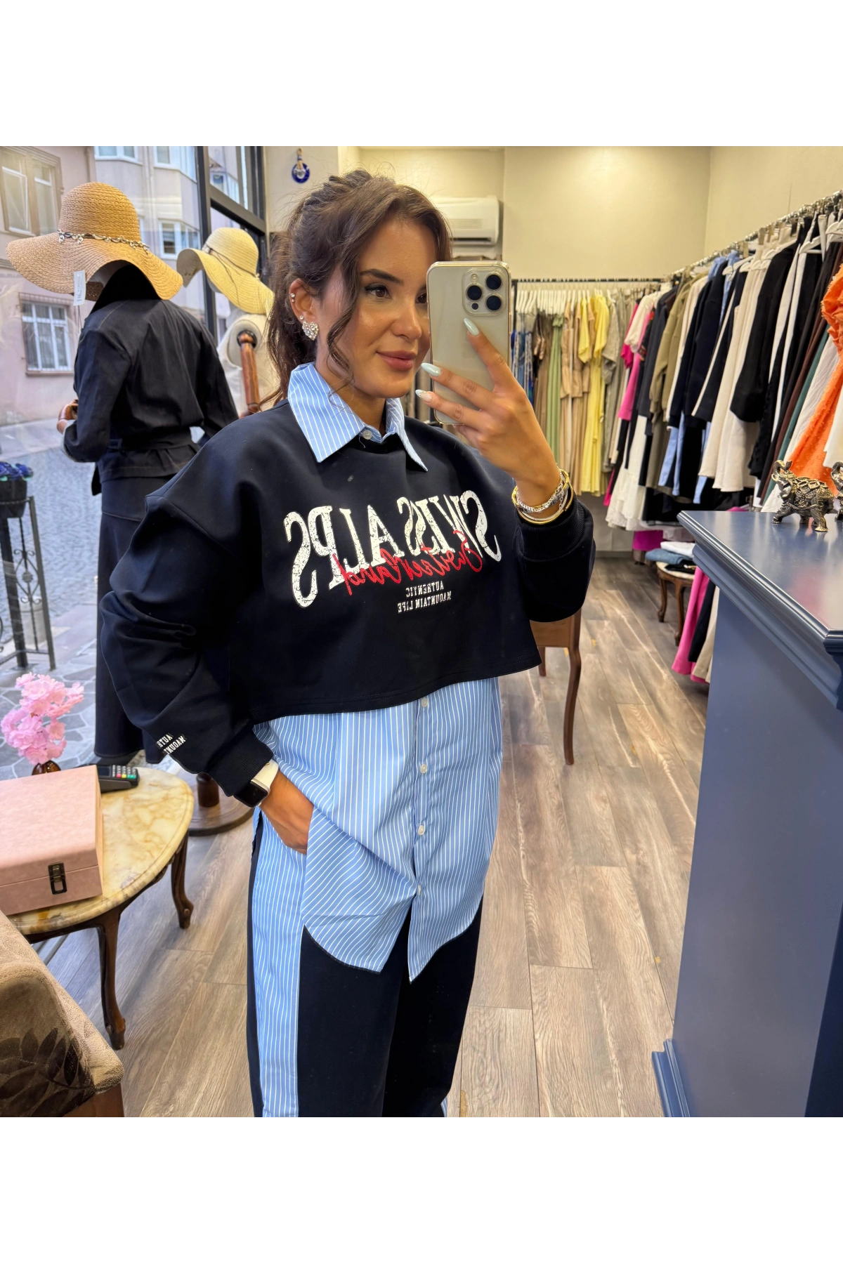 Çizgili Gömlek Garnili Yazı Baskılı Oversize Sweatshirt Mavi