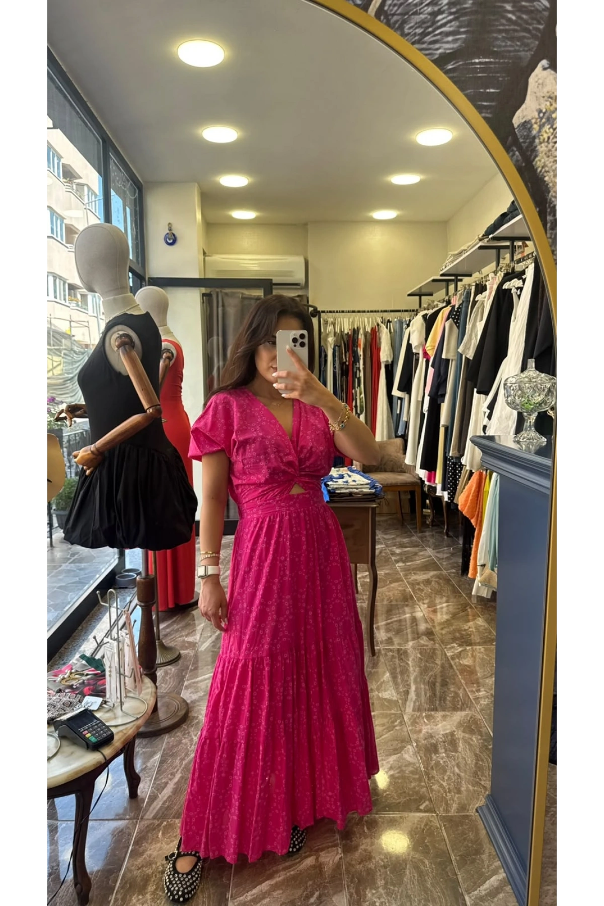 Fistolu Keten Elbise - Pembe