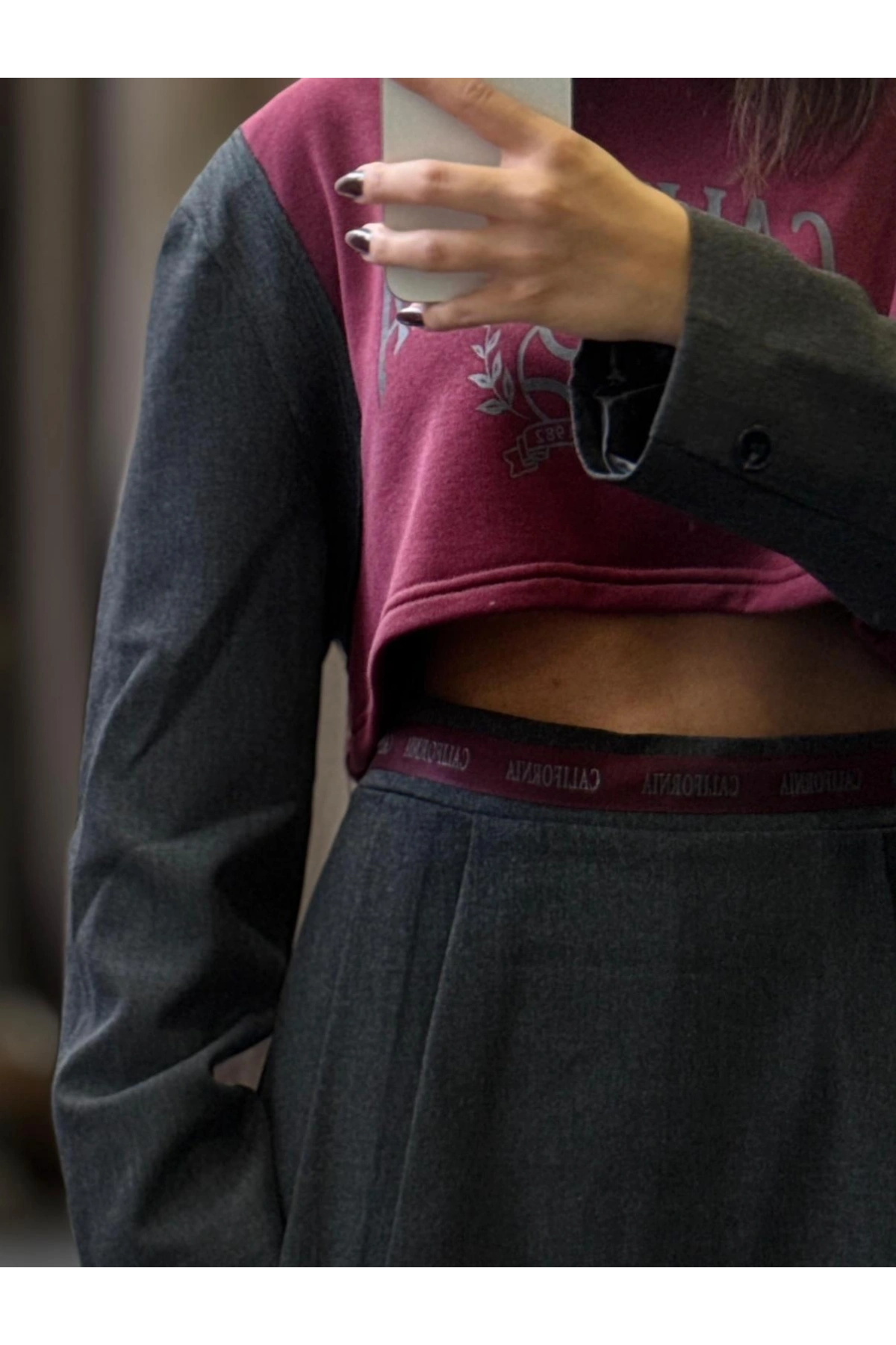 İki İplik Şardonsuz Baskılı Vatkalı Ceket Kol Sweatshirt - Bordo / Gri