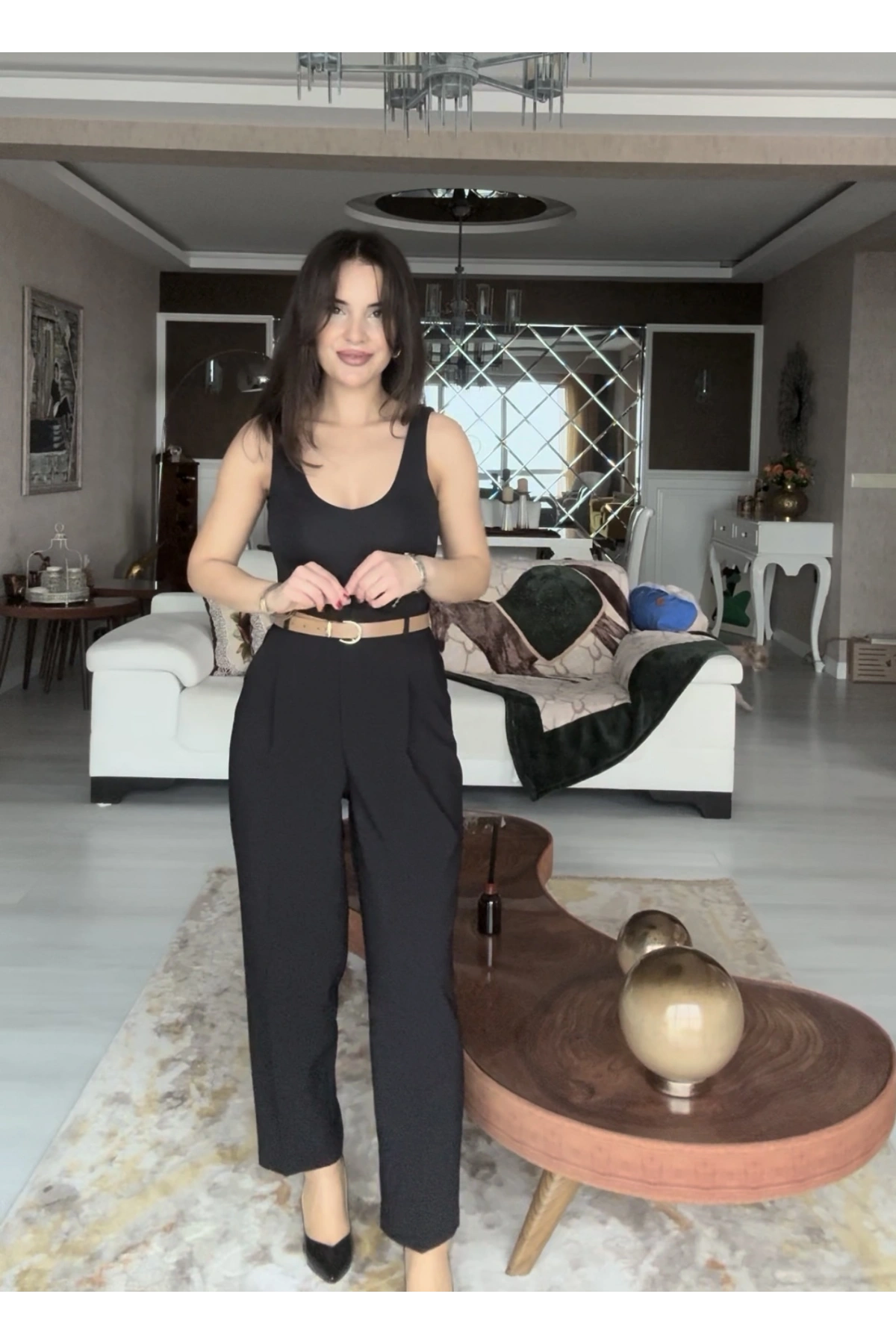 Kendinden Kemerli Pantolon -Siyah