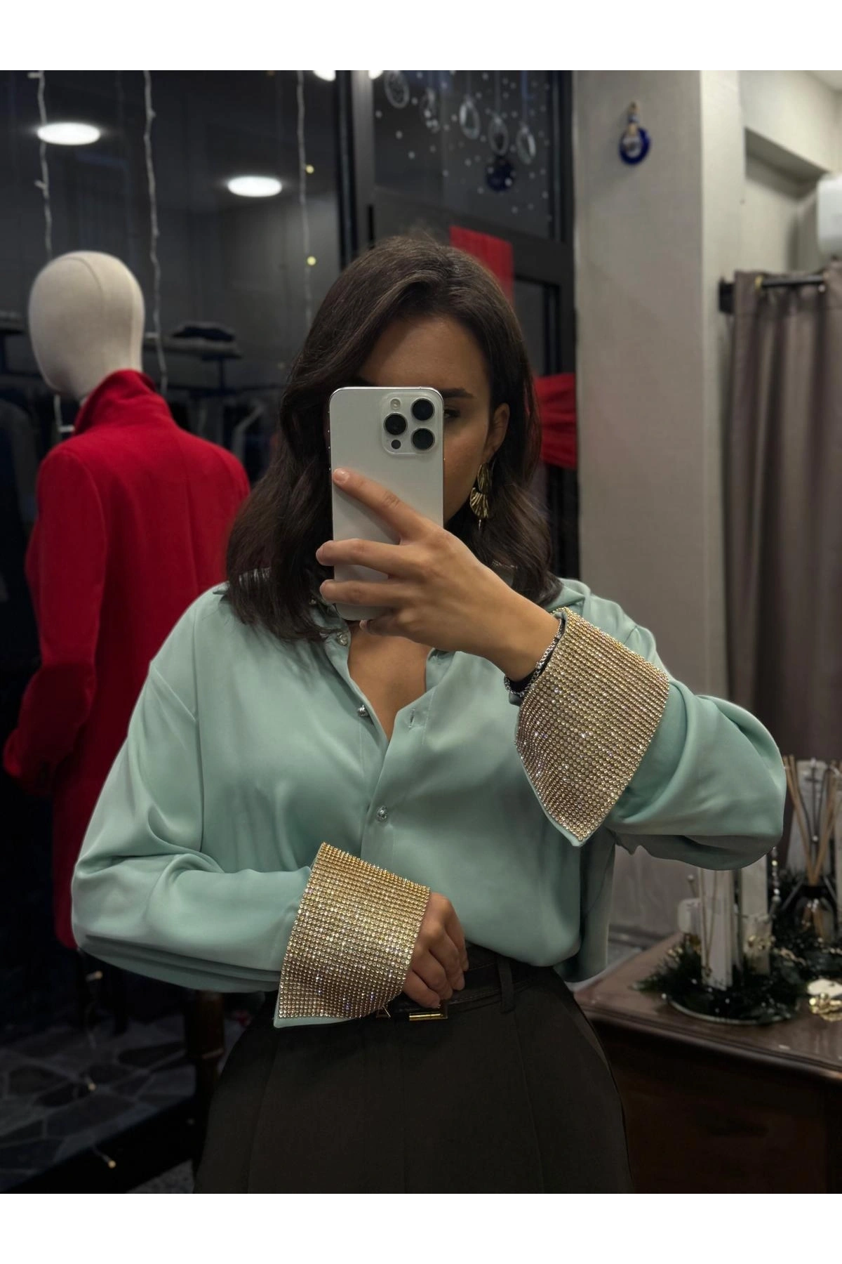 Kolu Taşlı Saten Kadın Gömlek - Mint Yeşili