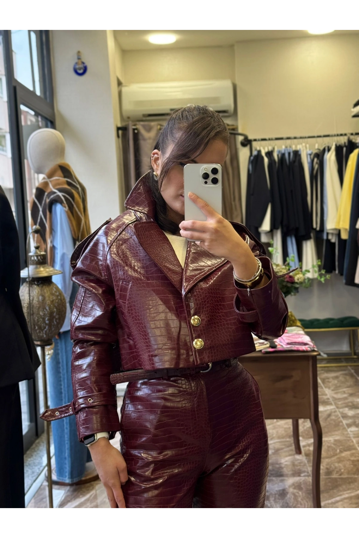 Kroko Desenli Crop Deri Ceket Mürdüm