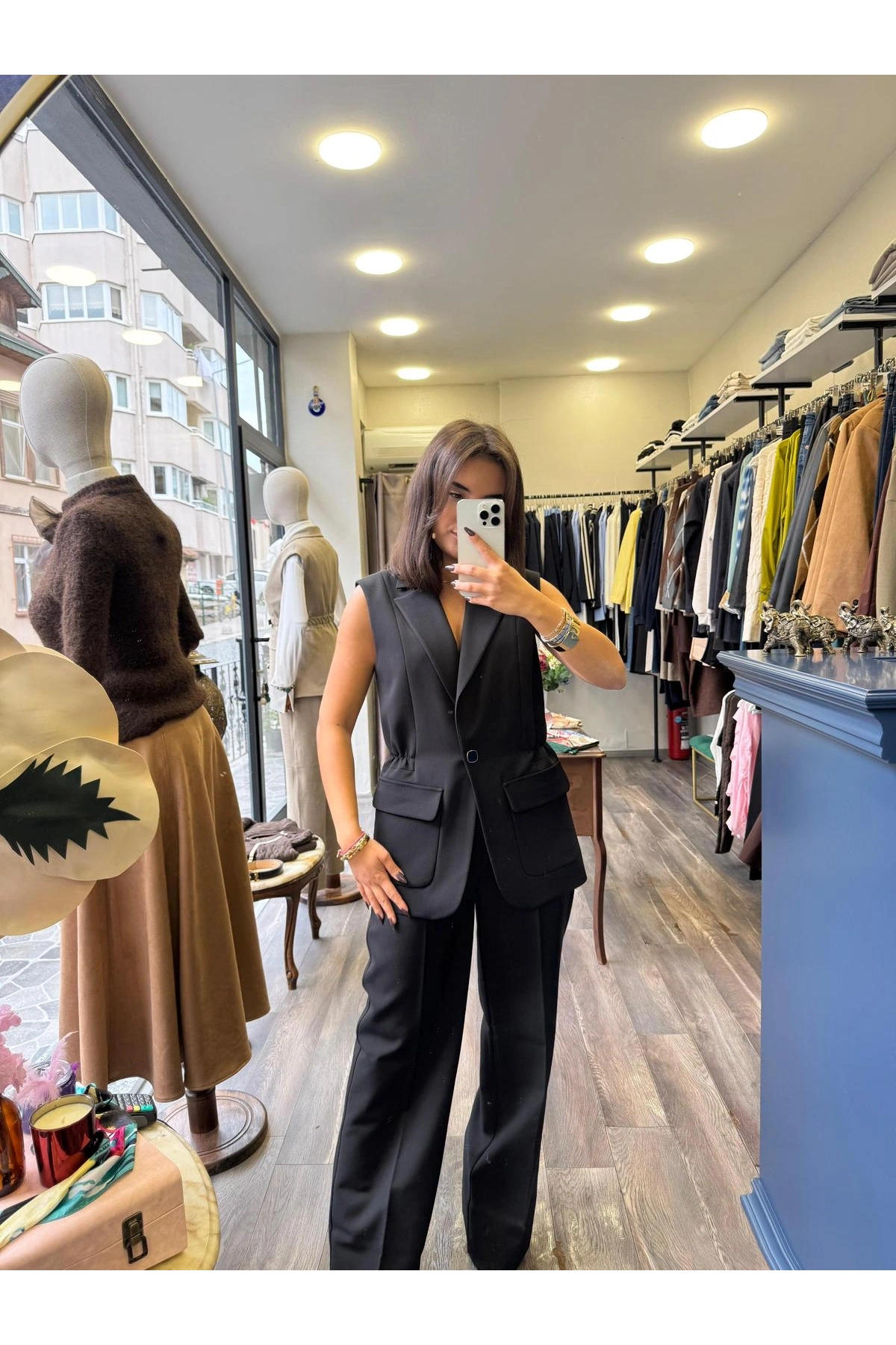 Pamuklu Kumaş Cep Detaylı Yelek/Pantolon Alt Üst Takım - Siyah