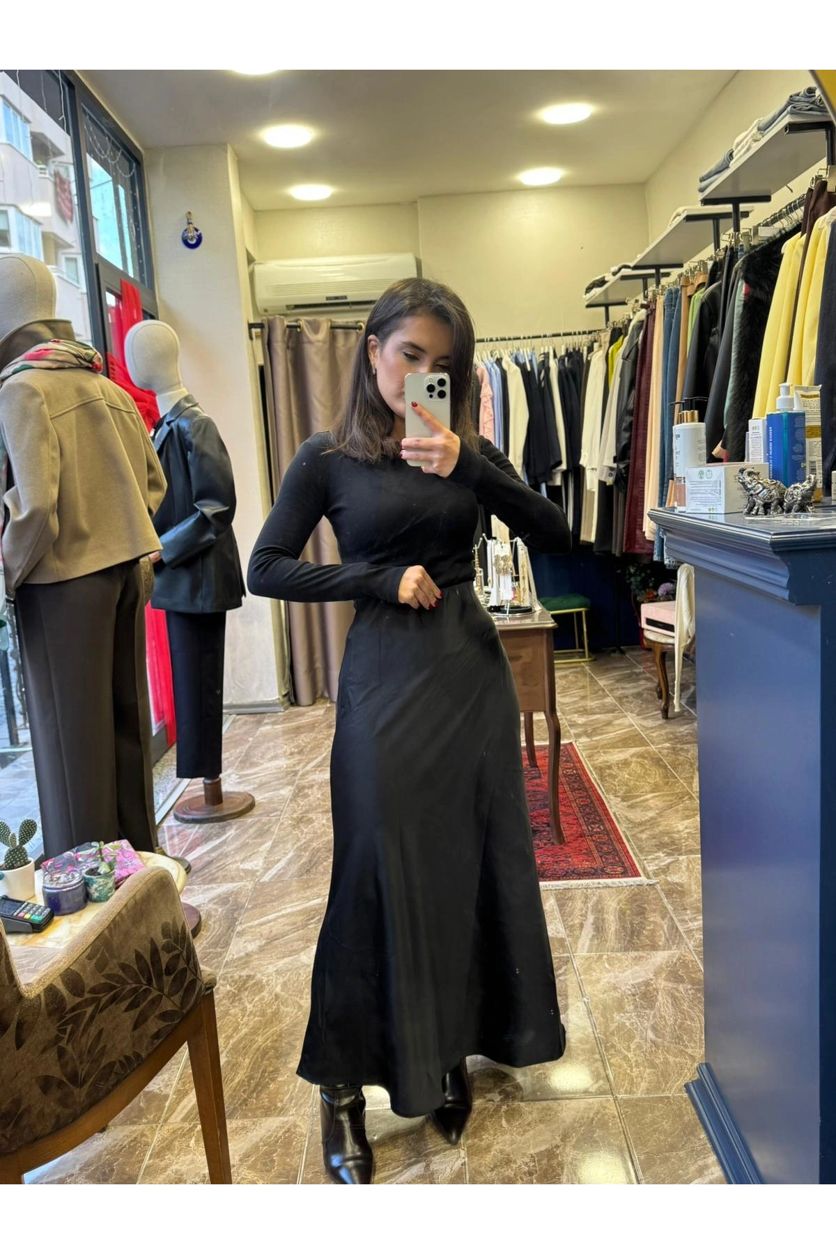 Saten Beli Lastikli Maxi Etek - Siyah