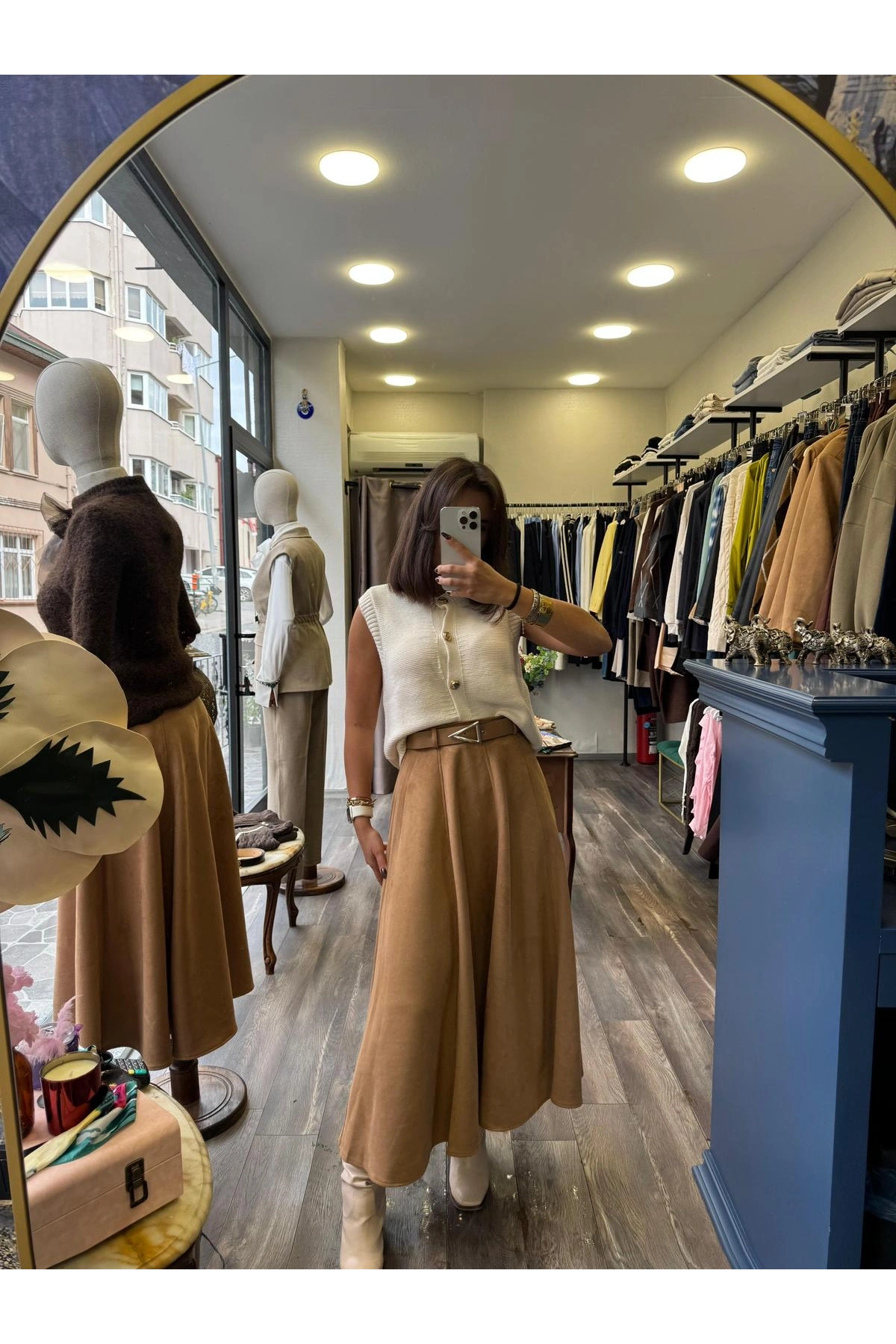 Süet Kumaş Kendinden Kemerli Kadın Uzun Etek - Taba