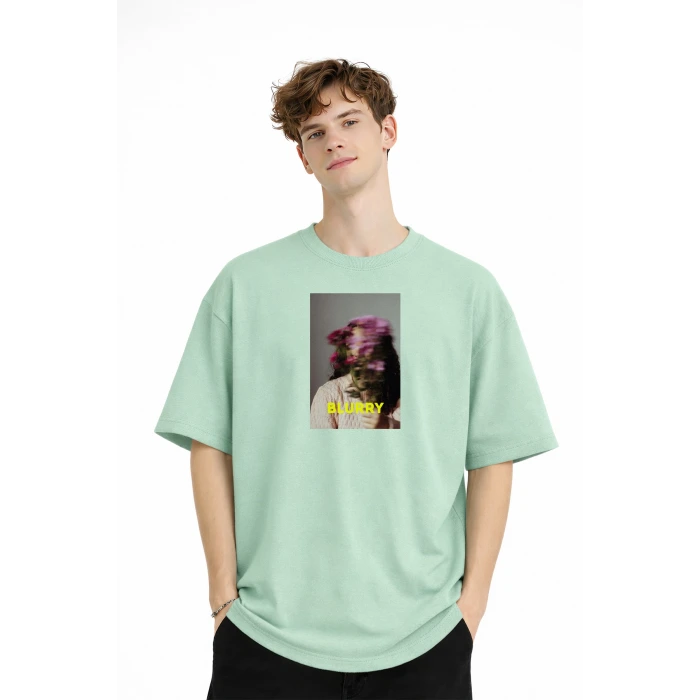 Blurry - Oversize Erkek Tişört SU YESILI