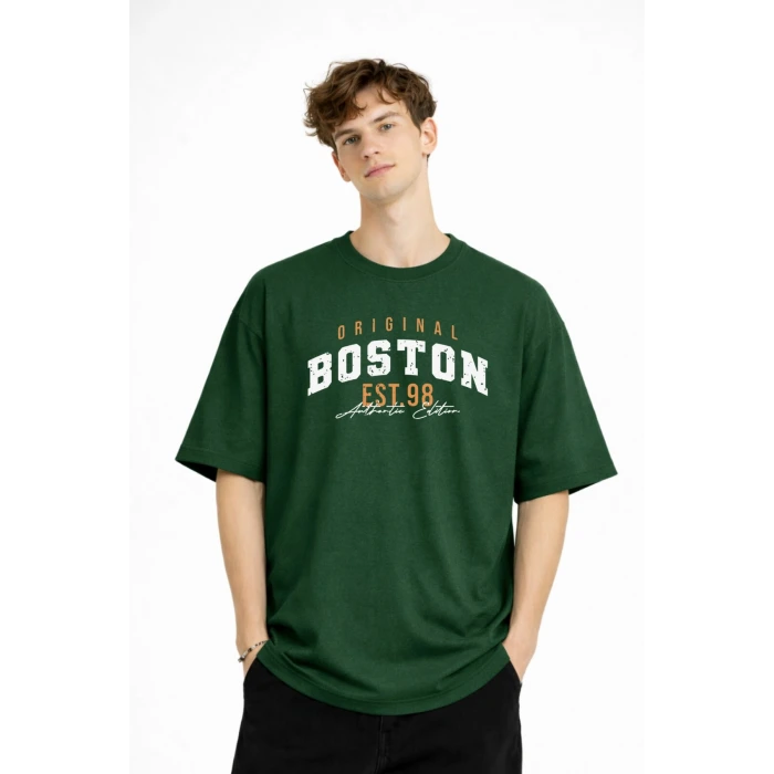 Boston - Baskılı Oversize Tişört HAKI