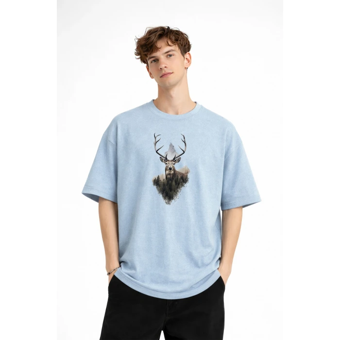 Deer - Oversize Erkek Tişört Bebek Mavisi