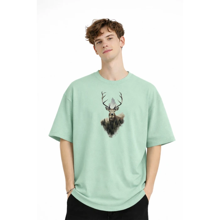 Deer - Oversize Erkek Tişört SU YESILI