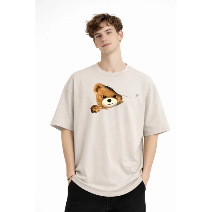 MN - Bear Baskılı Oversize Tişört BEJ