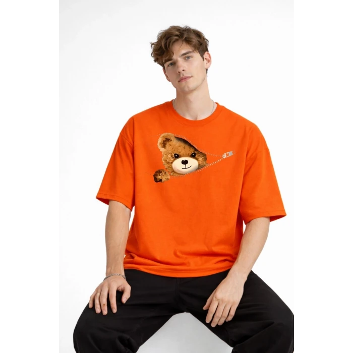 MN - Bear Baskılı Oversize Tişört TURUNCU
