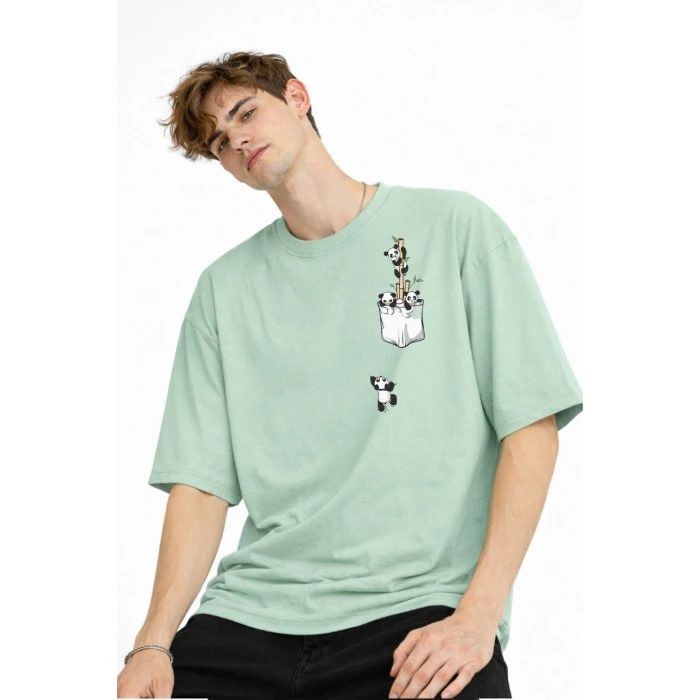Panda - Baskılı Oversize Tişört SU YESILI