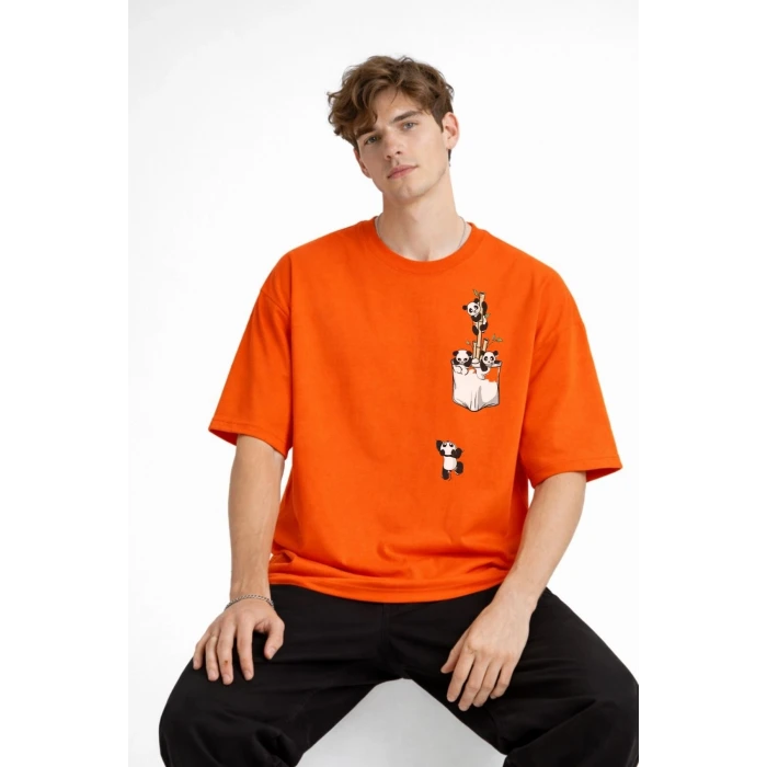 Panda - Baskılı Oversize Tişört TURUNCU