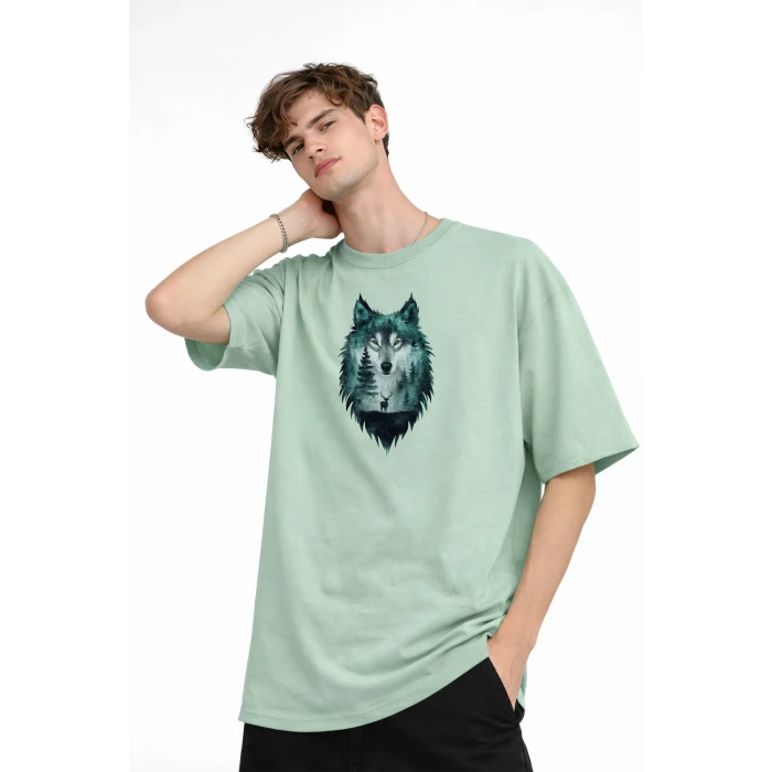 Wolf - Oversize Erkek Tişört SU YESILI