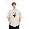 Deer - Oversize Erkek Tişört BEJ