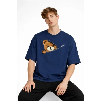 MN - Bear Baskılı Oversize Tişört LACIVERT