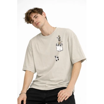 Panda - Baskılı Oversize Tişört BEJ