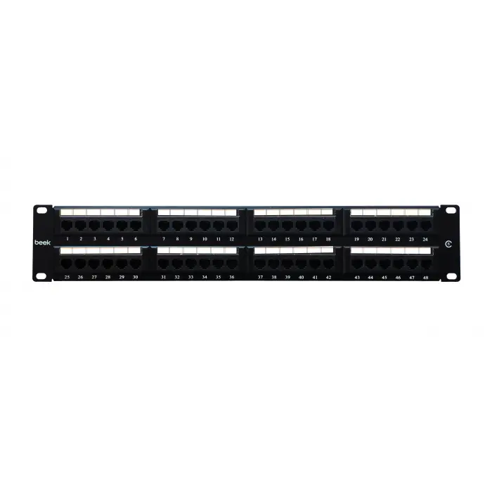 Beek 48 Port Cat6 UTP Patch Panel, 8P8C, Altın Kontak, LSA, 2U, zırhsız/unshielded, kablo tutuculu<br>Beek 48 Port Cat6 UTP Patch Panel, 8P8C, Gold contact,LSA, 2U, unshielded, with cable holde
