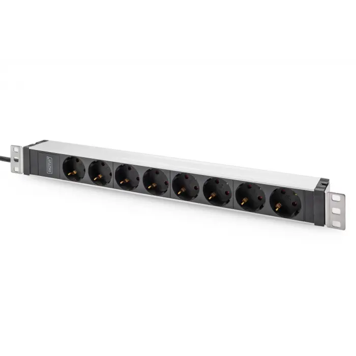 Digitus 1U Aluminyum PDU, 19  Rack Kabine Monte Edilebilir, 8 x priz çıkışlı, 2 metre güç kablolu, C320 priz yuvası, voltaj değeri 250 VAC 50 / 60 Hz, akım 16A, maksimum güç 4000 WDigitus 1