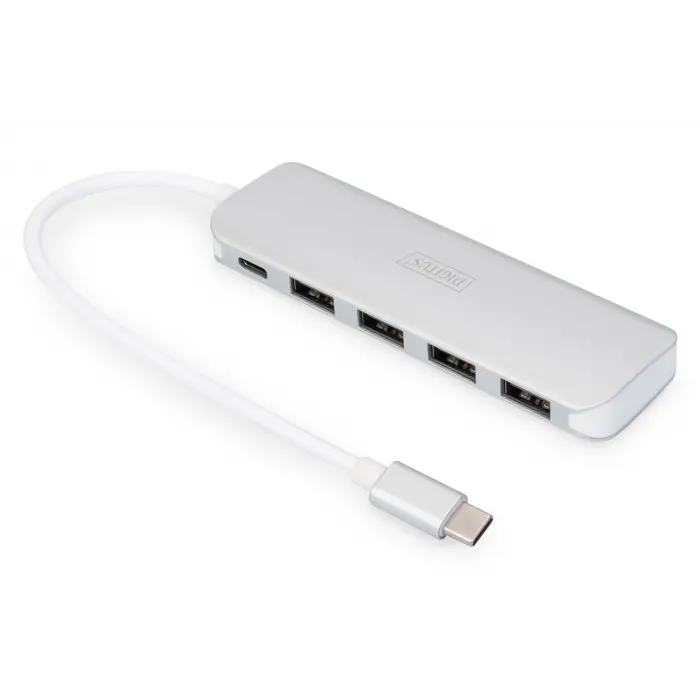 Digitus 4 Port USB 3.0 Hub, 4 x USB 3.0 USB-A Dişi Konnektör (USB çevre ürünü), 1 x USB Tip C PD (Power Delivery) port, 1 x USB Tip C erkek port (bilgisayar bağlantısı için), alüminyum, Mac ve Windows